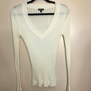 Express White Ribbed V-Neck Sweater